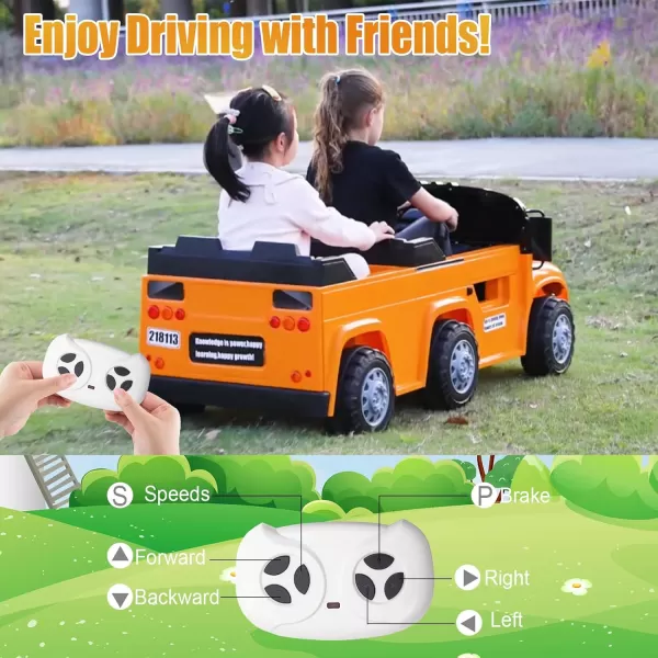 imagePOSTACK 24V Kids Ride on School Bus 2 Seater Ride on Car with Remote Control Battery Powered Cars for Kids Boys Girls Electric Ride on Toy with Microphone Music YellowOrange