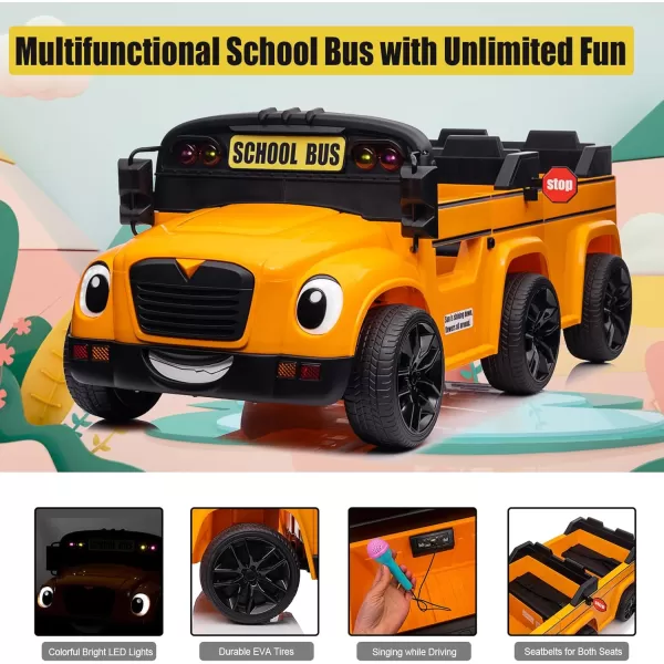 imagePOSTACK 24V Kids Ride on School Bus 2 Seater Ride on Car with Remote Control Battery Powered Cars for Kids Boys Girls Electric Ride on Toy with Microphone Music YellowOrange