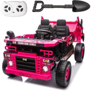 imagePOSTACK XL 24V Ride on Dump Truck Toy Ride on Construction Vehicles wElectric Dump Bed 4WD Kids Electric Car with Remote Control and Shovel 4x70W Powerful Motors YellowPink