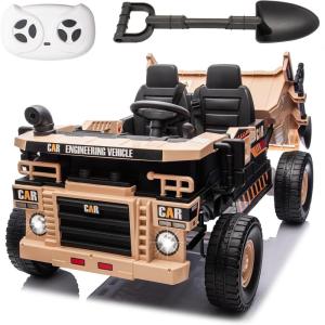 imagePOSTACK XL 24V Ride on Dump Truck Toy Ride on Construction Vehicles wElectric Dump Bed 4WD Kids Electric Car with Remote Control and Shovel 4x70W Powerful Motors YellowKhaki