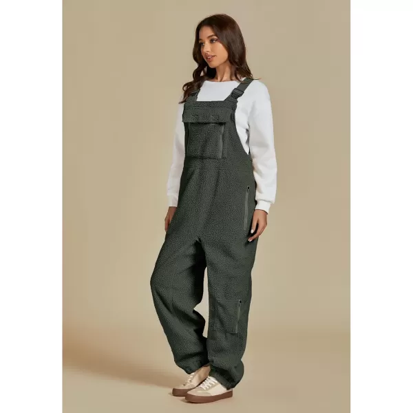 luvamia Sherpa Overalls for Women Baggy Warm Bib Fleece Fuzzy Winter Jumpsuits Adjustable Strap Overall with Zip PocketsArmy Green