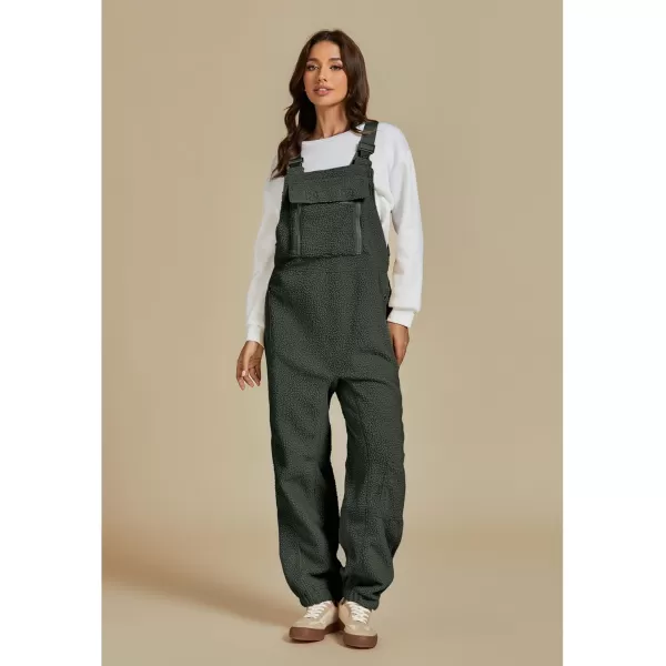 luvamia Sherpa Overalls for Women Baggy Warm Bib Fleece Fuzzy Winter Jumpsuits Adjustable Strap Overall with Zip PocketsArmy Green