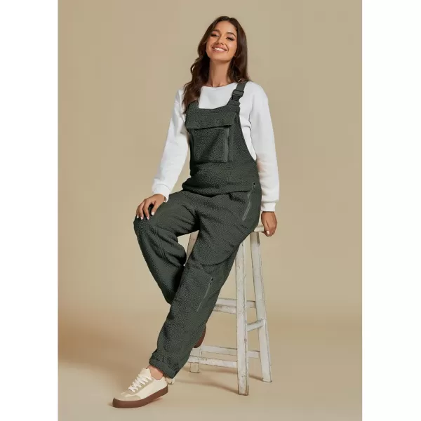 luvamia Sherpa Overalls for Women Baggy Warm Bib Fleece Fuzzy Winter Jumpsuits Adjustable Strap Overall with Zip PocketsArmy Green