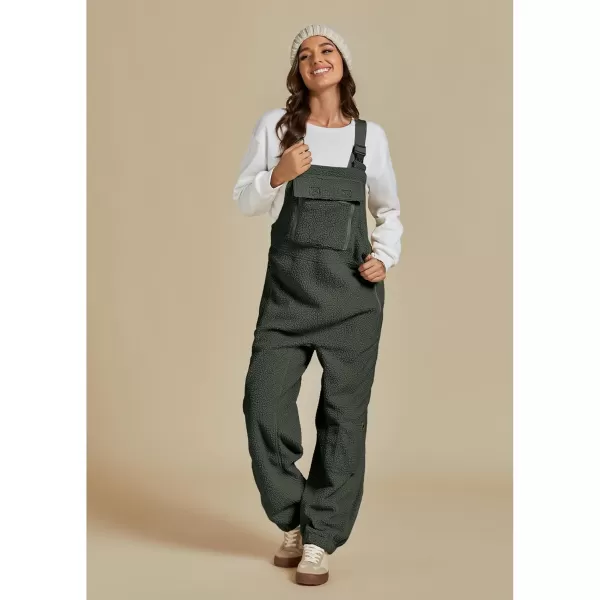 luvamia Sherpa Overalls for Women Baggy Warm Bib Fleece Fuzzy Winter Jumpsuits Adjustable Strap Overall with Zip PocketsArmy Green