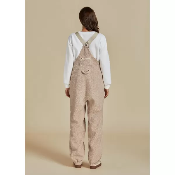 luvamia Sherpa Overalls for Women Baggy Warm Bib Fleece Fuzzy Winter Jumpsuits Adjustable Strap Overall with Zip PocketsBeige