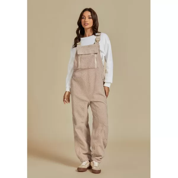 luvamia Sherpa Overalls for Women Baggy Warm Bib Fleece Fuzzy Winter Jumpsuits Adjustable Strap Overall with Zip PocketsBeige