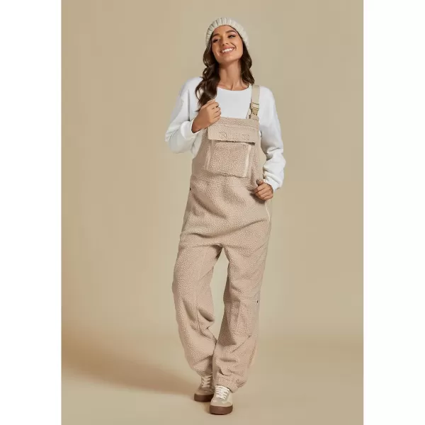 luvamia Sherpa Overalls for Women Baggy Warm Bib Fleece Fuzzy Winter Jumpsuits Adjustable Strap Overall with Zip PocketsBeige