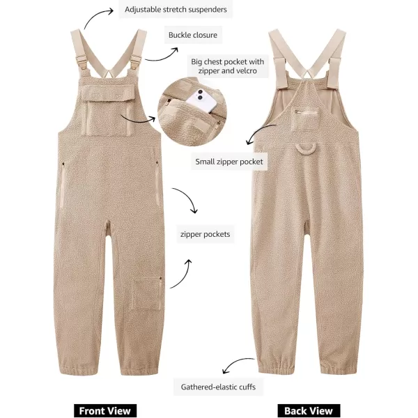 luvamia Sherpa Overalls for Women Baggy Warm Bib Fleece Fuzzy Winter Jumpsuits Adjustable Strap Overall with Zip PocketsBeige