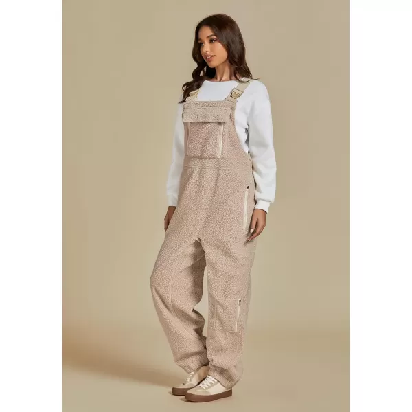 luvamia Sherpa Overalls for Women Baggy Warm Bib Fleece Fuzzy Winter Jumpsuits Adjustable Strap Overall with Zip PocketsBeige