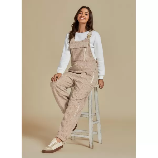 luvamia Sherpa Overalls for Women Baggy Warm Bib Fleece Fuzzy Winter Jumpsuits Adjustable Strap Overall with Zip PocketsBeige