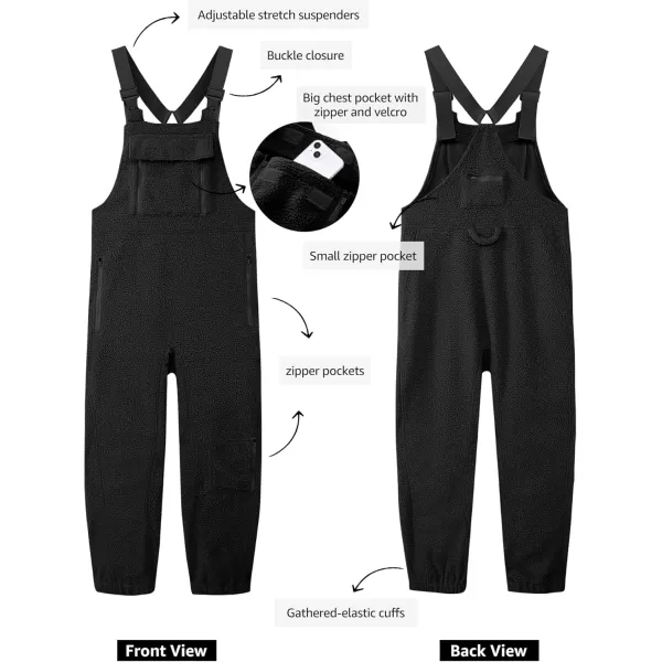 luvamia Sherpa Overalls for Women Baggy Warm Bib Fleece Fuzzy Winter Jumpsuits Adjustable Strap Overall with Zip PocketsBlack