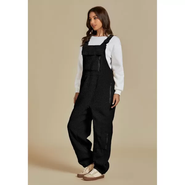 luvamia Sherpa Overalls for Women Baggy Warm Bib Fleece Fuzzy Winter Jumpsuits Adjustable Strap Overall with Zip PocketsBlack