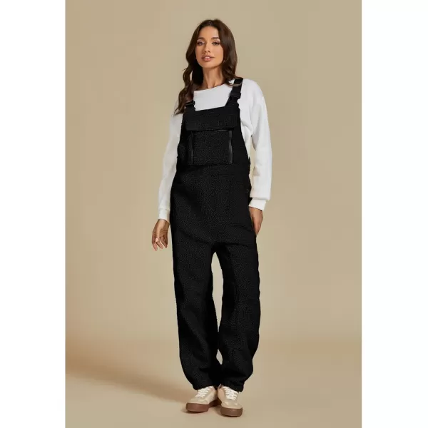 luvamia Sherpa Overalls for Women Baggy Warm Bib Fleece Fuzzy Winter Jumpsuits Adjustable Strap Overall with Zip PocketsBlack