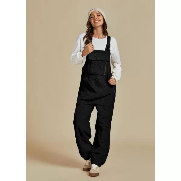 luvamia Sherpa Overalls for Women Baggy Warm Bib Fleece Fuzzy Winter Jumpsuits Adjustable Strap Overall with Zip PocketsBlack