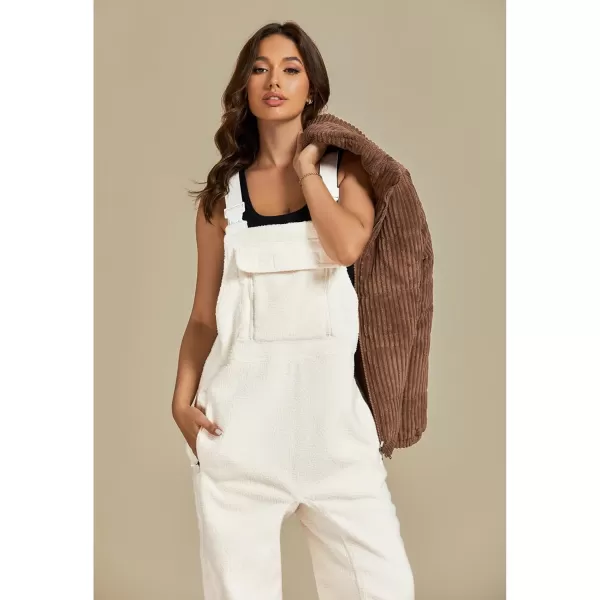 luvamia Sherpa Overalls for Women Baggy Warm Bib Fleece Fuzzy Winter Jumpsuits Adjustable Strap Overall with Zip PocketsIvory