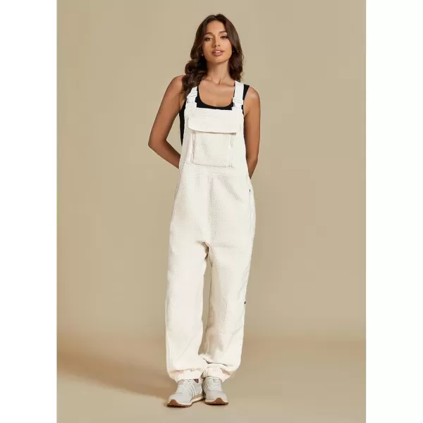 luvamia Sherpa Overalls for Women Baggy Warm Bib Fleece Fuzzy Winter Jumpsuits Adjustable Strap Overall with Zip PocketsIvory