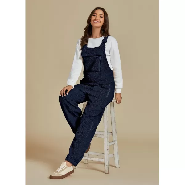 luvamia Sherpa Overalls for Women Baggy Warm Bib Fleece Fuzzy Winter Jumpsuits Adjustable Strap Overall with Zip PocketsNavy Blue