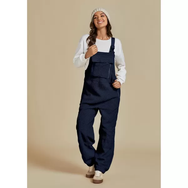 luvamia Sherpa Overalls for Women Baggy Warm Bib Fleece Fuzzy Winter Jumpsuits Adjustable Strap Overall with Zip PocketsNavy Blue