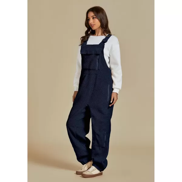 luvamia Sherpa Overalls for Women Baggy Warm Bib Fleece Fuzzy Winter Jumpsuits Adjustable Strap Overall with Zip PocketsNavy Blue
