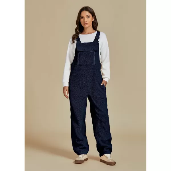 luvamia Sherpa Overalls for Women Baggy Warm Bib Fleece Fuzzy Winter Jumpsuits Adjustable Strap Overall with Zip PocketsNavy Blue