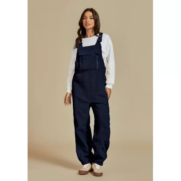 luvamia Sherpa Overalls for Women Baggy Warm Bib Fleece Fuzzy Winter Jumpsuits Adjustable Strap Overall with Zip PocketsNavy Blue