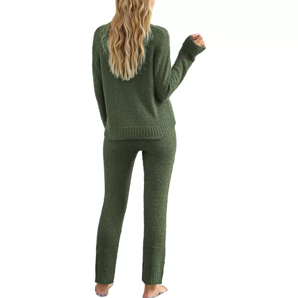 luvamia Womens Casual Pajama Set Fuzzy Fleece Knitted Long Sleeve Pj LoungewearArmy Green