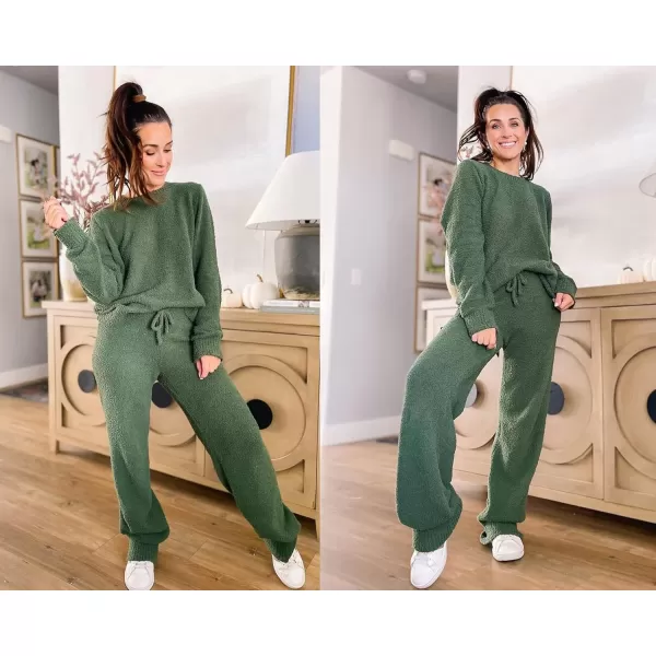 luvamia Womens Casual Pajama Set Fuzzy Fleece Knitted Long Sleeve Pj LoungewearArmy Green