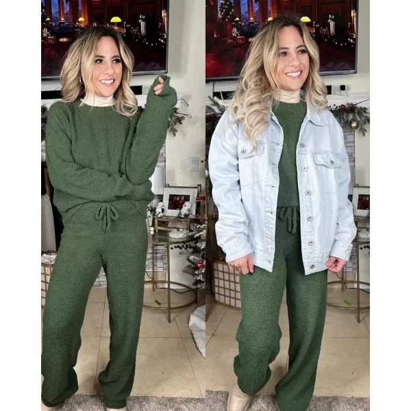 luvamia Womens Casual Pajama Set Fuzzy Fleece Knitted Long Sleeve Pj LoungewearArmy Green