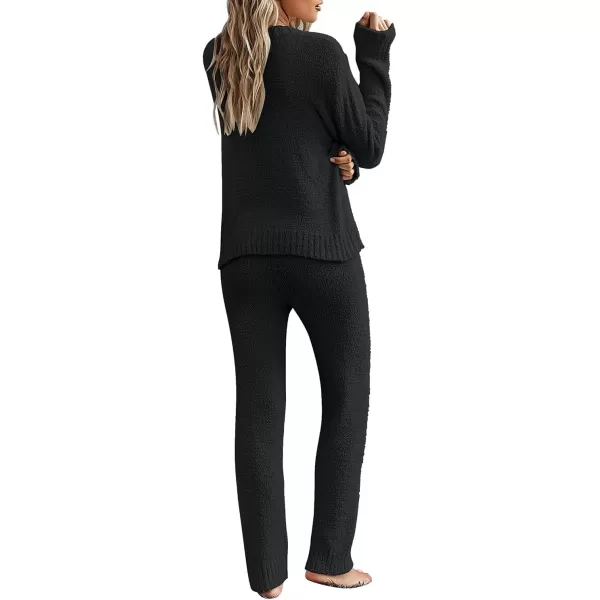 luvamia Womens Casual Pajama Set Fuzzy Fleece Knitted Long Sleeve Pj LoungewearBlack