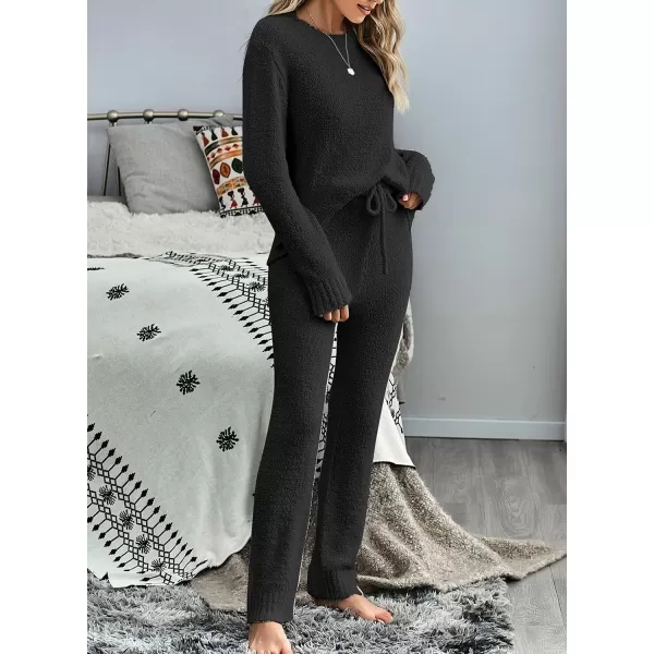 luvamia Womens Casual Pajama Set Fuzzy Fleece Knitted Long Sleeve Pj LoungewearBlack