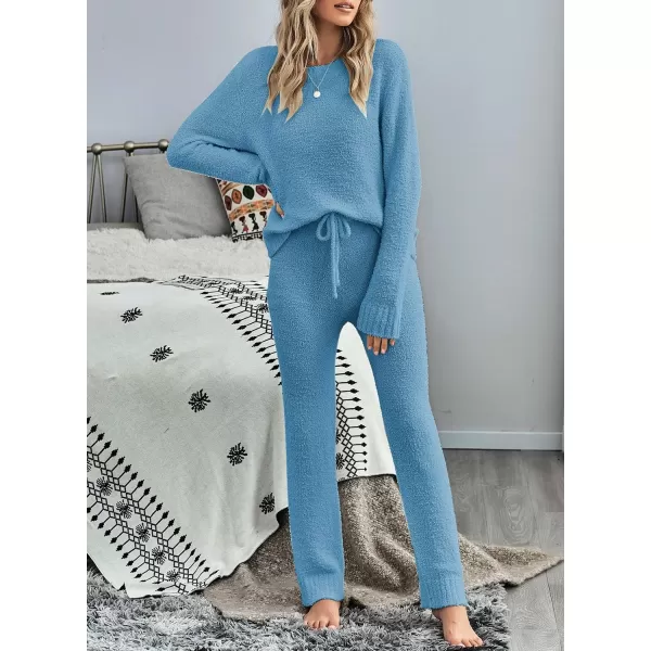 luvamia Womens Casual Pajama Set Fuzzy Fleece Knitted Long Sleeve Pj LoungewearBlue