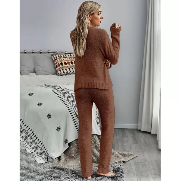 luvamia Womens Casual Pajama Set Fuzzy Fleece Knitted Long Sleeve Pj LoungewearBrunette