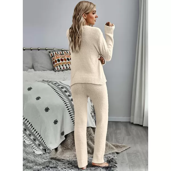 luvamia Womens Casual Pajama Set Fuzzy Fleece Knitted Long Sleeve Pj LoungewearButtercream