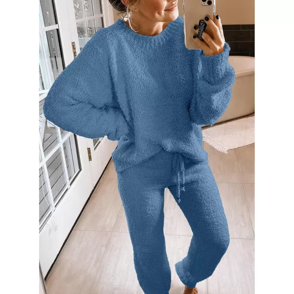 luvamia Womens Casual Pajama Set Fuzzy Fleece Knitted Long Sleeve Pj LoungewearGlacier Blue