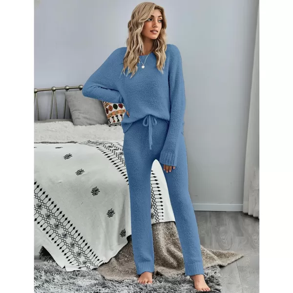 luvamia Womens Casual Pajama Set Fuzzy Fleece Knitted Long Sleeve Pj LoungewearGlacier Blue