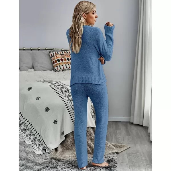 luvamia Womens Casual Pajama Set Fuzzy Fleece Knitted Long Sleeve Pj LoungewearGlacier Blue