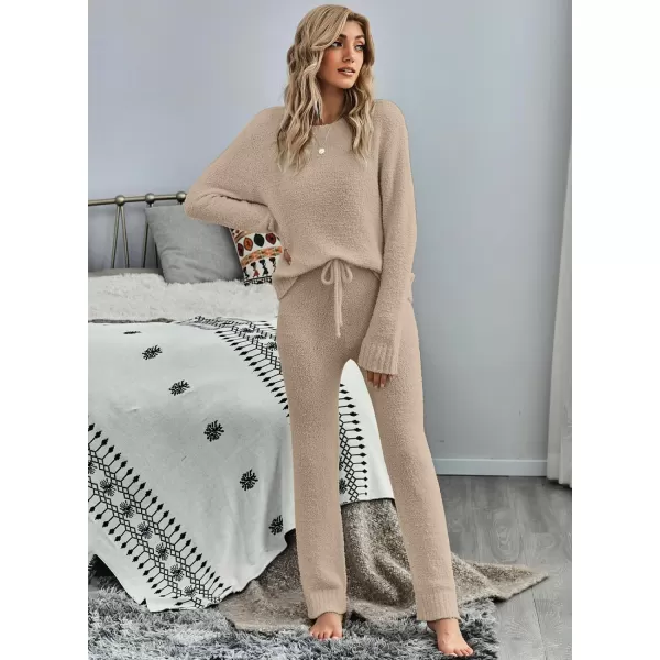 luvamia Womens Casual Pajama Set Fuzzy Fleece Knitted Long Sleeve Pj LoungewearLight Taupe