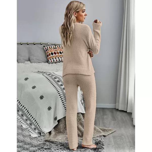 luvamia Womens Casual Pajama Set Fuzzy Fleece Knitted Long Sleeve Pj LoungewearLight Taupe