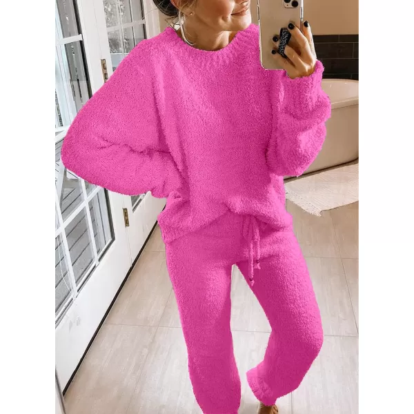 luvamia Womens Casual Pajama Set Fuzzy Fleece Knitted Long Sleeve Pj LoungewearMagenta