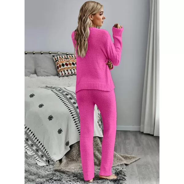 luvamia Womens Casual Pajama Set Fuzzy Fleece Knitted Long Sleeve Pj LoungewearMagenta