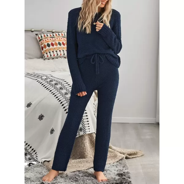 luvamia Womens Casual Pajama Set Fuzzy Fleece Knitted Long Sleeve Pj LoungewearNavy Blue