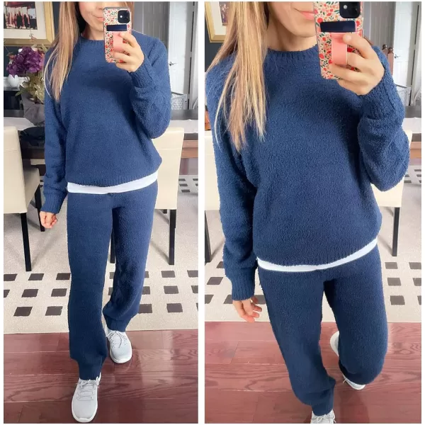 luvamia Womens Casual Pajama Set Fuzzy Fleece Knitted Long Sleeve Pj LoungewearNavy Blue