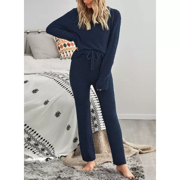 luvamia Womens Casual Pajama Set Fuzzy Fleece Knitted Long Sleeve Pj LoungewearNavy Blue