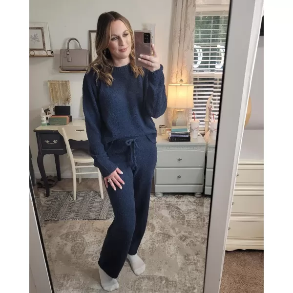 luvamia Womens Casual Pajama Set Fuzzy Fleece Knitted Long Sleeve Pj LoungewearNavy Blue