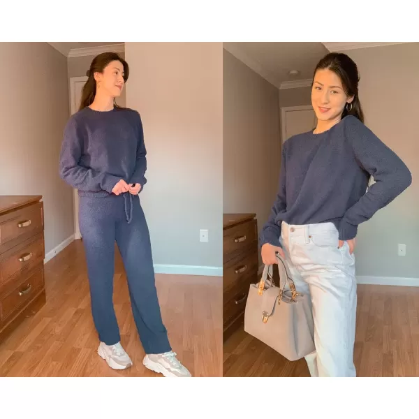 luvamia Womens Casual Pajama Set Fuzzy Fleece Knitted Long Sleeve Pj LoungewearNavy Blue