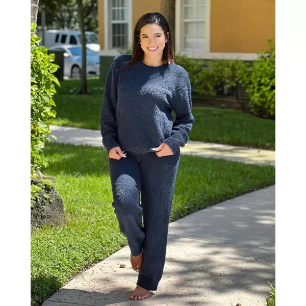 luvamia Womens Casual Pajama Set Fuzzy Fleece Knitted Long Sleeve Pj LoungewearNavy Blue