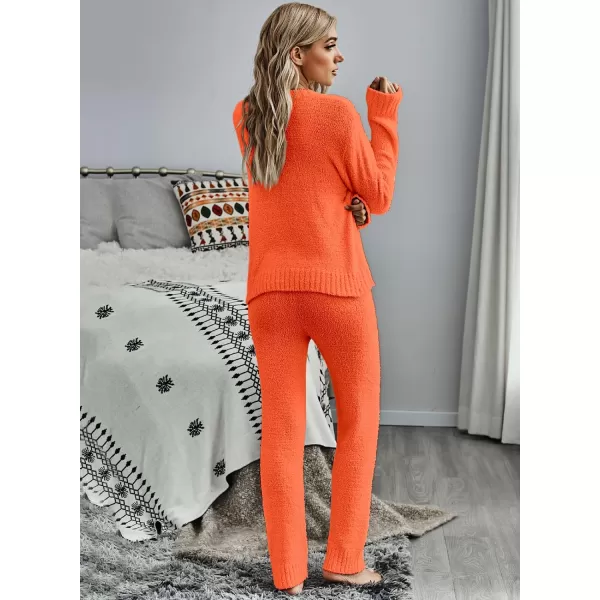 luvamia Womens Casual Pajama Set Fuzzy Fleece Knitted Long Sleeve Pj LoungewearOrange