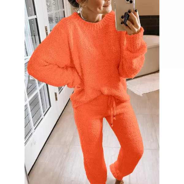 luvamia Womens Casual Pajama Set Fuzzy Fleece Knitted Long Sleeve Pj LoungewearOrange