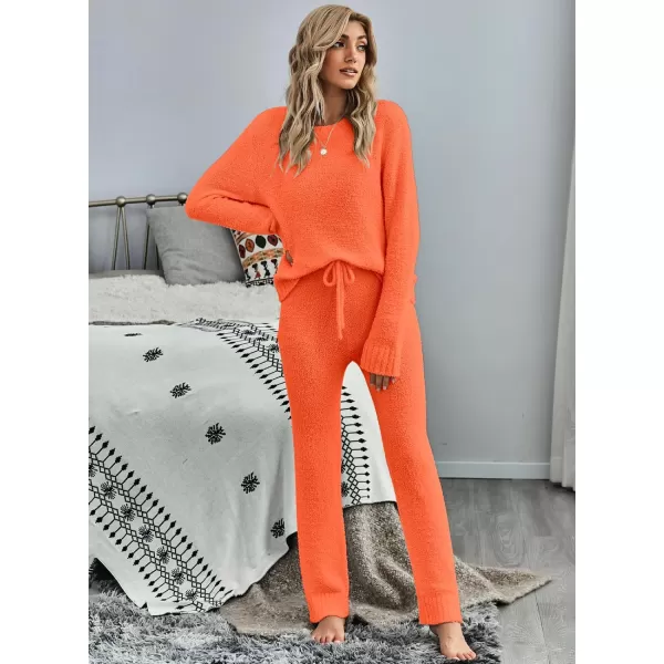 luvamia Womens Casual Pajama Set Fuzzy Fleece Knitted Long Sleeve Pj LoungewearOrange