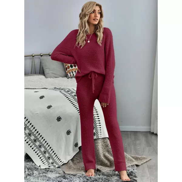 luvamia Womens Casual Pajama Set Fuzzy Fleece Knitted Long Sleeve Pj LoungewearRuby Wine